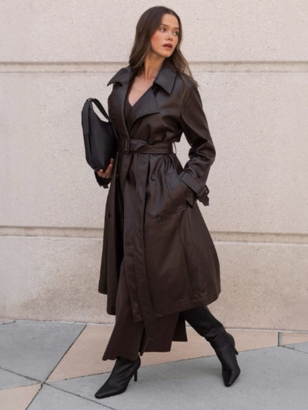 Joe Fresh Vegan Leather Dark Brown Leather Trench Coat with Belt